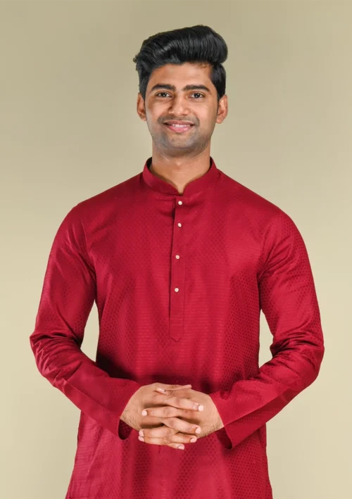 Nawab Parker Buy Textured Maroon Color Kurta Pajama for Weddings full kurta view