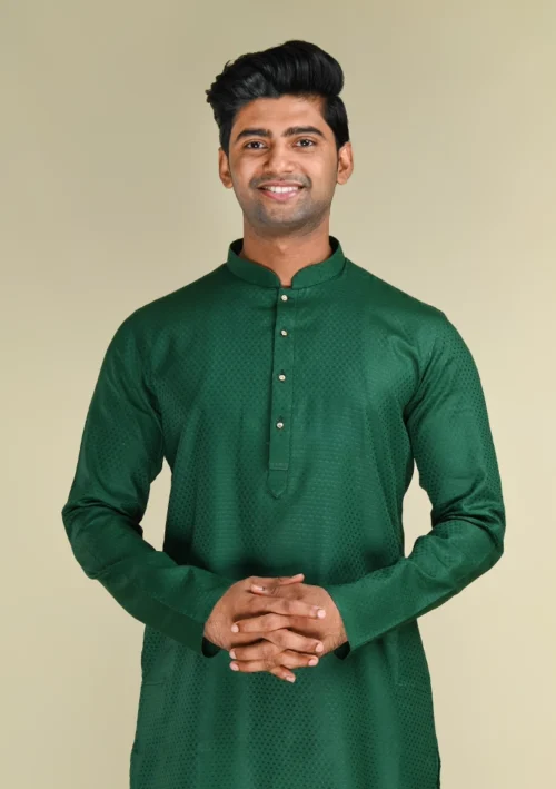 Nawab Parker Classic Green Woven Kurta Pajama for Men front kurta view