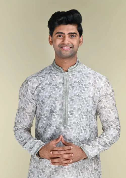 Nawab Parker D Gray Kurta Pajama Set for Men with Subtle Ditsy Pattern Front kurta view