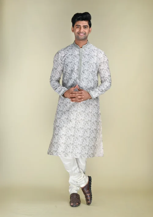 Nawab Parker D Gray Kurta Pajama Set for Men with Subtle Ditsy Pattern full front view