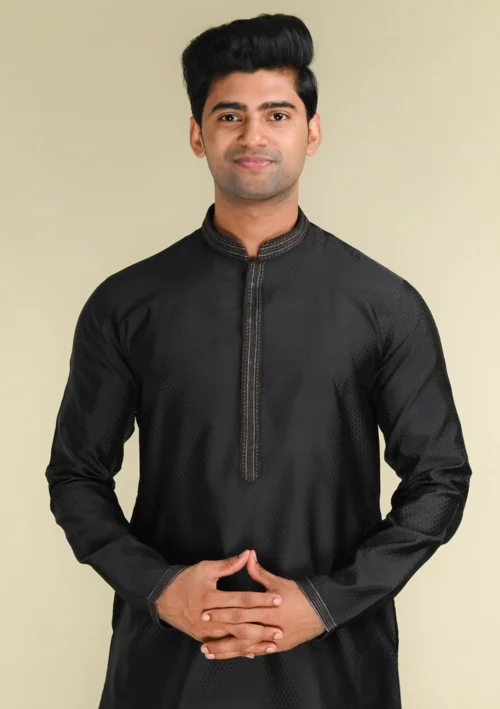 Nawab Parker Designer Men’s Black Embellished Kurta Pajama for Festive Looks front kurta view