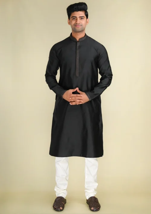 Nawab Parker Designer Men’s Black Embellished Kurta Pajama for Festive Looks full front view