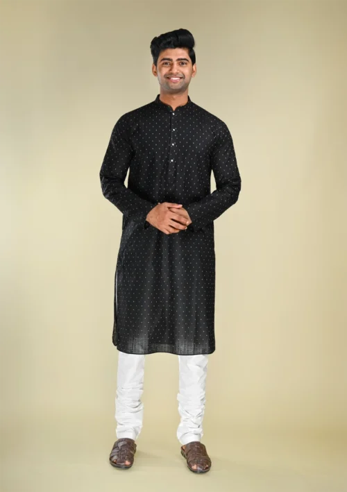Nawab Parker Elegant Black Kurta Pajama for Men’s Festive Wardrobe full front view