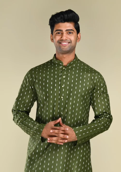 Nawab Parker Ethnic Wear Mehndi Colour Kurta Pajama for Men front kurta view