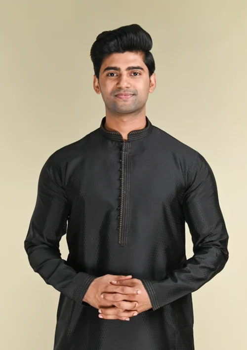 Nawab Parker Exclusive Black Kurta Pajama for Men with Ethnic Touch Front kurta view