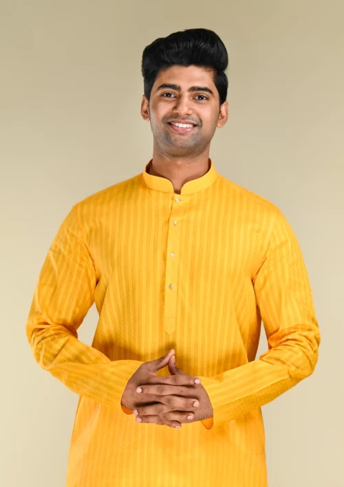 Nawab Parker Festive Special Cotton Blend Yellow Kurta Pajama for Men front kurta view