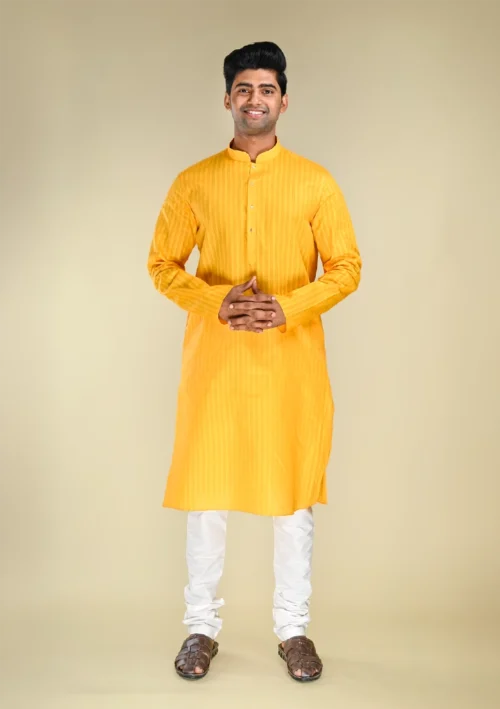 Nawab Parker Festive Special Cotton Blend Yellow Kurta Pajama for Men full front view