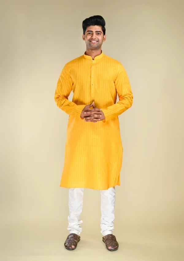 Nawab Parker Festive Special Cotton Blend Yellow Kurta Pajama for Men full front view