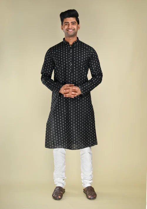 Nawab Parker Ikat Woven Black Kurta Pajama Set for Men front full view