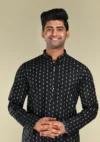Nawab Parker Ikat Woven Black Kurta Pajama Set for Men Front kurta view