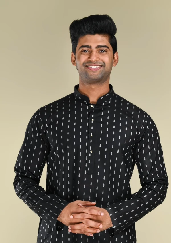Nawab Parker Ikat Woven Black Kurta Pajama Set for Men Front kurta view