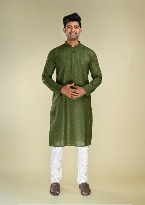 Nawab Parker Mehndi Special White Dotted Mehndi Colour Kurta Pajama for men full front view