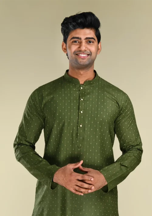 Nawab Parker Mehndi Special White Dotted Mehndi Colour Kurta Pajama for men kurta fron view