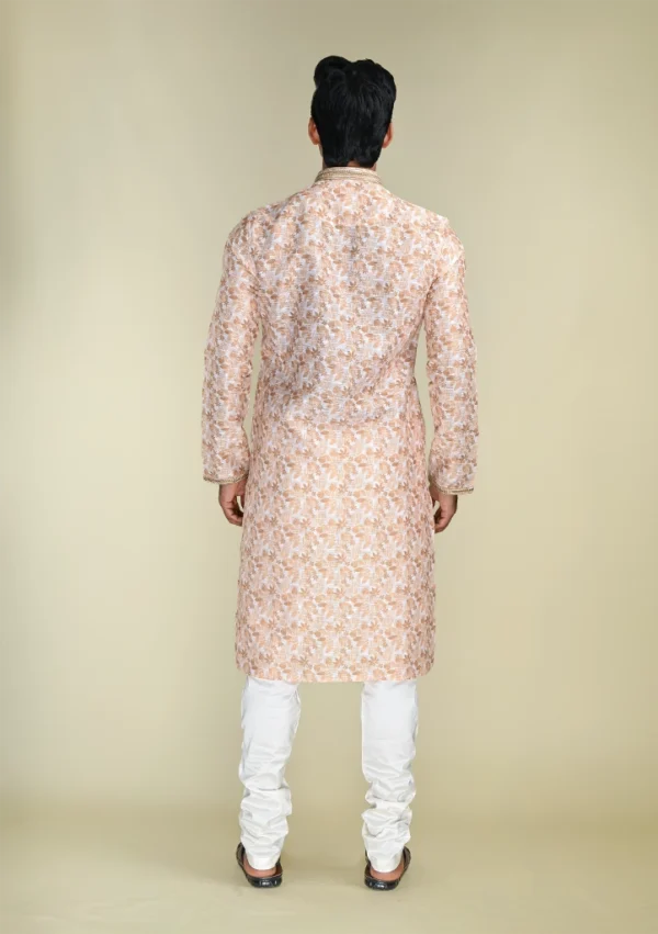 Nawab Parker Men's Beige Kurta Pajama with Golden Detailing Casual Ethnic Wear back view