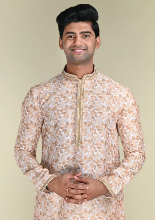Nawab Parker Men's Beige Kurta Pajama with Golden Detailing Casual Ethnic Wear Front kurta view