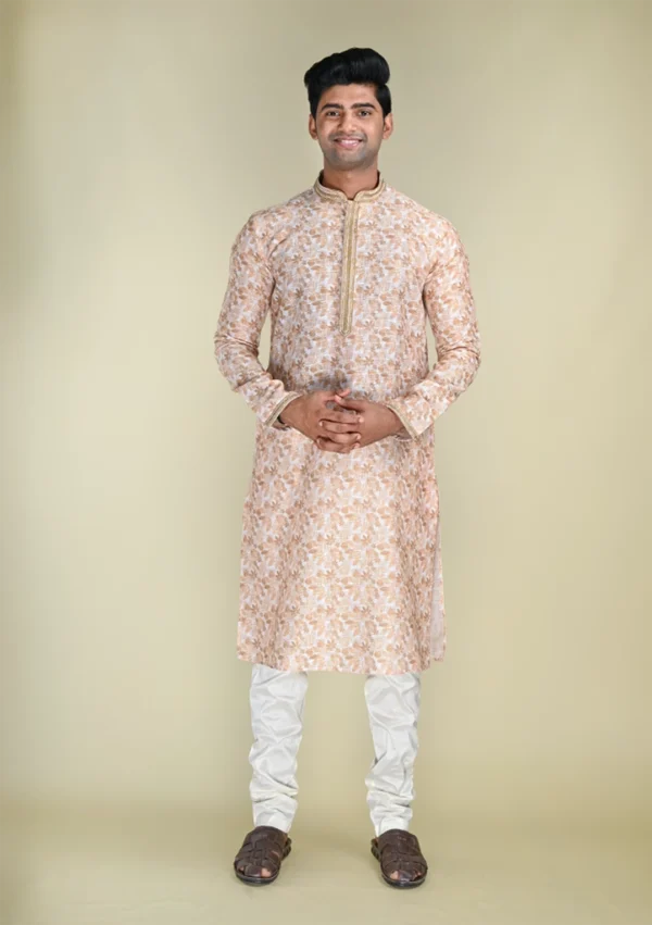 Nawab Parker Men's Beige Kurta Pajama with Golden Detailing Casual Ethnic Wear full front view