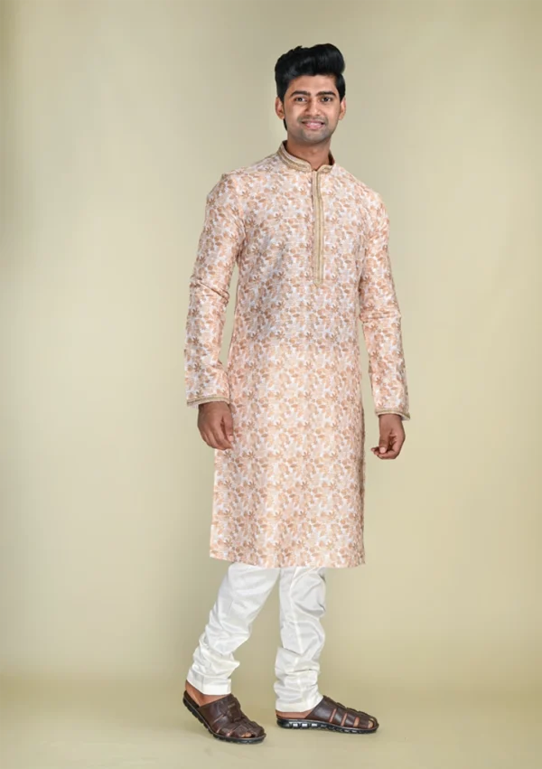 Nawab Parker Men's Beige Kurta Pajama with Golden Detailing Casual Ethnic Wear right view