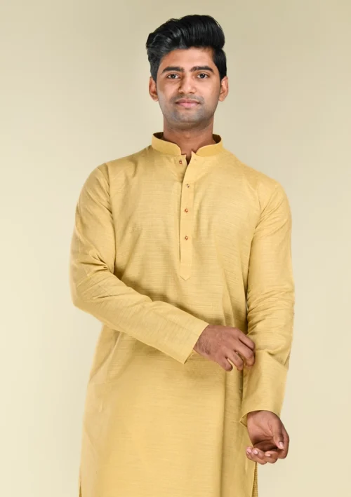 Nawab Parker Men's Classic Pure Cotton Light Yellow Kurta Pajama with Mandarin Collar front kurta view