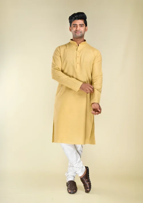 Nawab Parker Men's Classic Pure Cotton Light Yellow Kurta Pajama with Mandarin Collar full front view