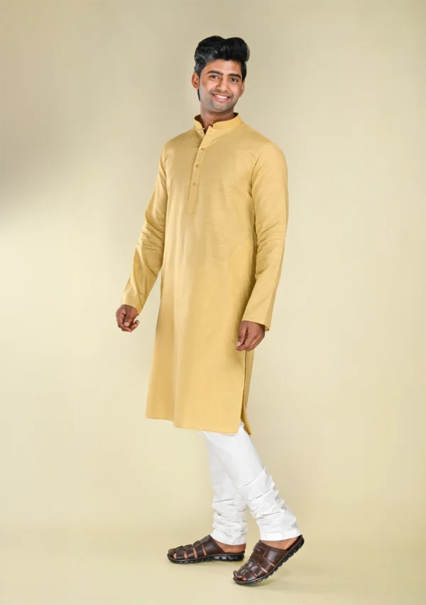 Nawab Parker Men's Classic Pure Cotton Light Yellow Kurta Pajama with Mandarin Collar left view