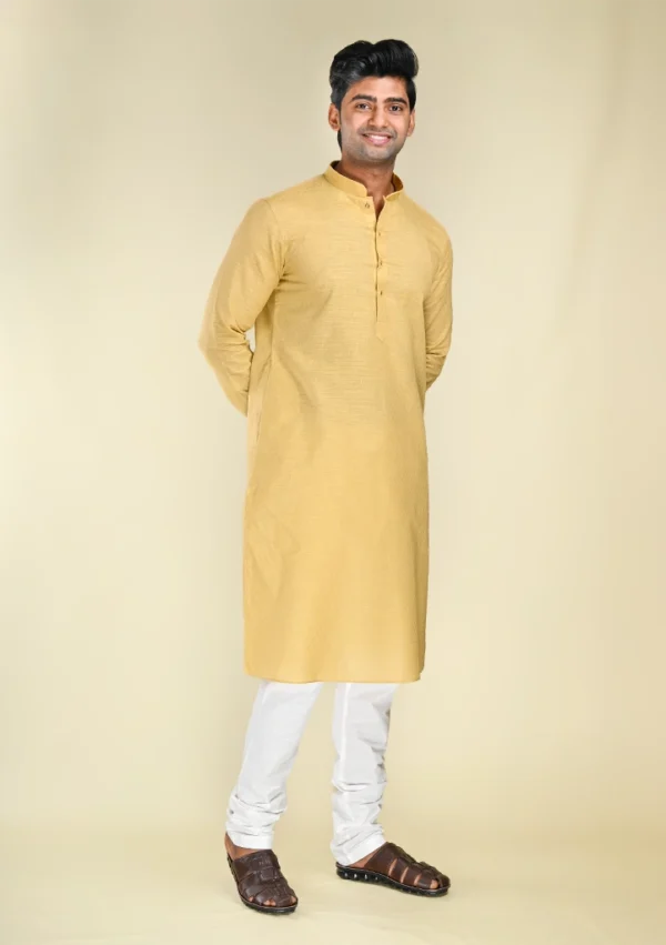 Nawab Parker Men's Classic Pure Cotton Light Yellow Kurta Pajama with Mandarin Collar right view