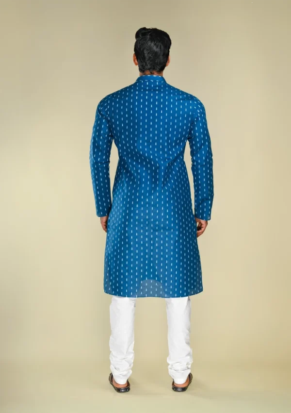 Nawab Parker Men's Cotton Blend Blue Kurta Pajama Set with Handloom Pattern back view