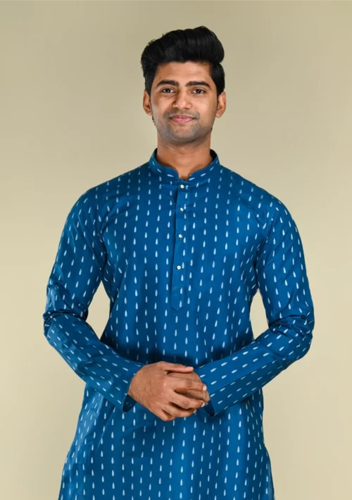 Nawab Parker Men's Cotton Blend Blue Kurta Pajama Set with Handloom Pattern fornt kurta view