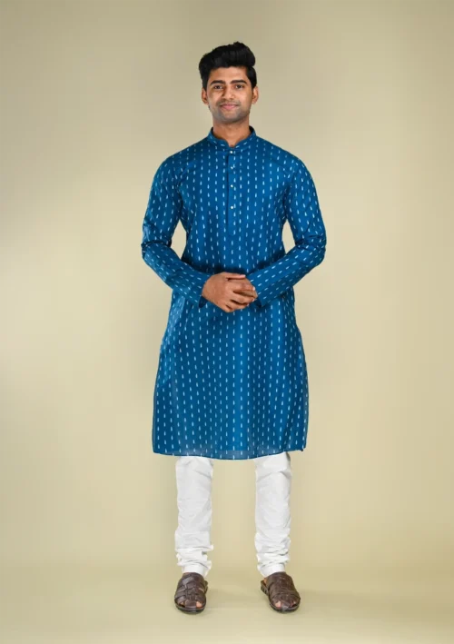 Nawab Parker Men's Cotton Blend Blue Kurta Pajama Set with Handloom Pattern full front view