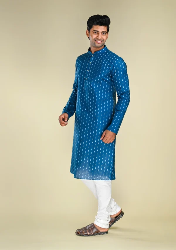 Nawab Parker Men's Cotton Blend Blue Kurta Pajama Set with Handloom Pattern left view