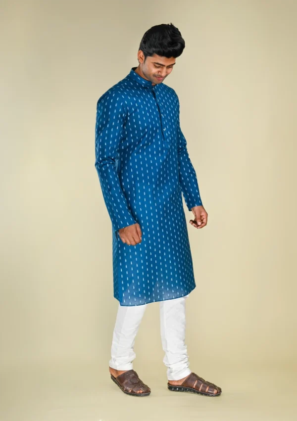 Nawab Parker Men's Cotton Blend Blue Kurta Pajama Set with Handloom Pattern right view