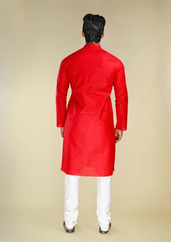 Nawab Parker Men's Festive Cotton Blend Red Kurta Pajama Set with White Dotted Pattern back view