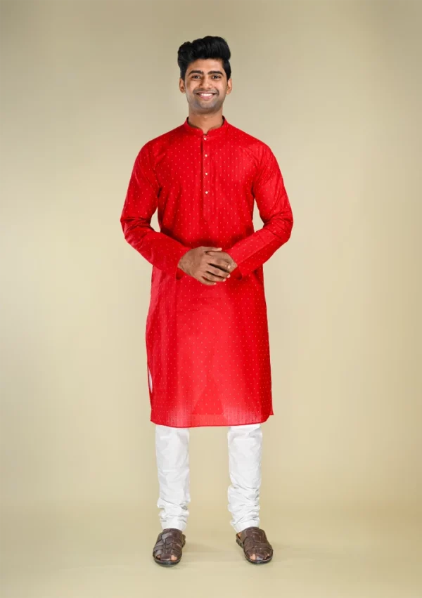 Nawab Parker Men's Festive Cotton Blend Red Kurta Pajama Set with White Dotted Pattern full front view