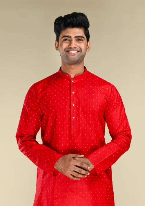 Nawab Parker Men's Festive Cotton Blend Red Kurta Pajama Set with White Dotted Pattern kurta front view