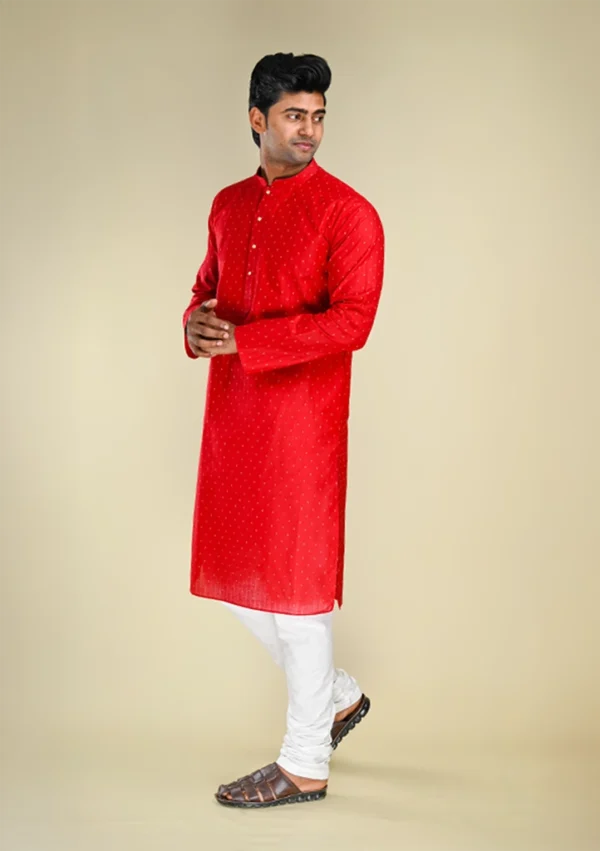 Nawab Parker Men's Festive Cotton Blend Red Kurta Pajama Set with White Dotted Pattern left view