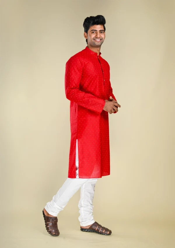 Nawab Parker Men's Festive Cotton Blend Red Kurta Pajama Set with White Dotted Pattern right view
