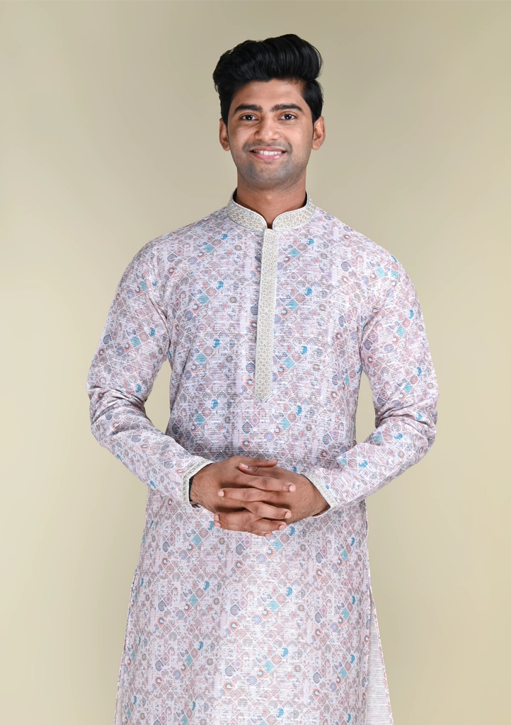 Nawab Parker Men's Regular Fit Printed Kurta Pajama Set Ethnic Clothes front kurta view