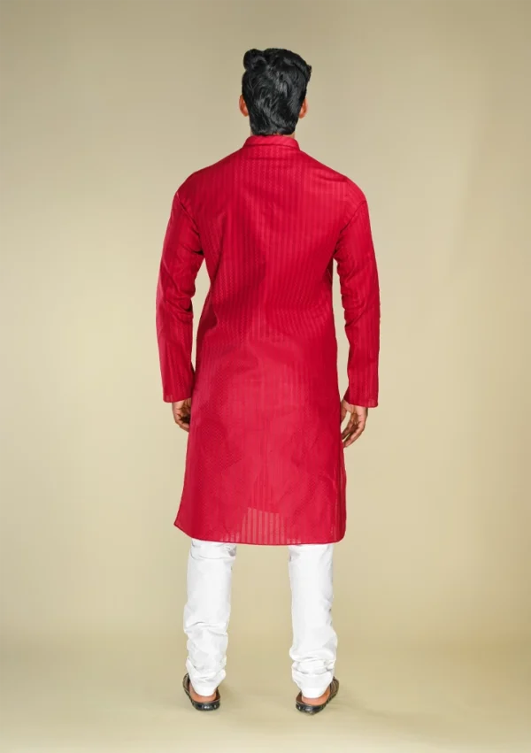 Nawab Parker Men's Striped Maroon Kurta Pajama with Cotton Blend back view