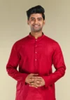 Nawab Parker Men's Striped Maroon Kurta Pajama with Cotton Blend front kurta view
