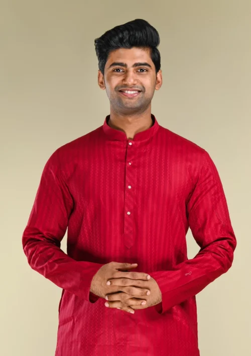 Nawab Parker Men's Striped Maroon Kurta Pajama with Cotton Blend front kurta view