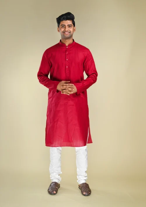 Nawab Parker Men's Striped Maroon Kurta Pajama with Cotton Blend full front view