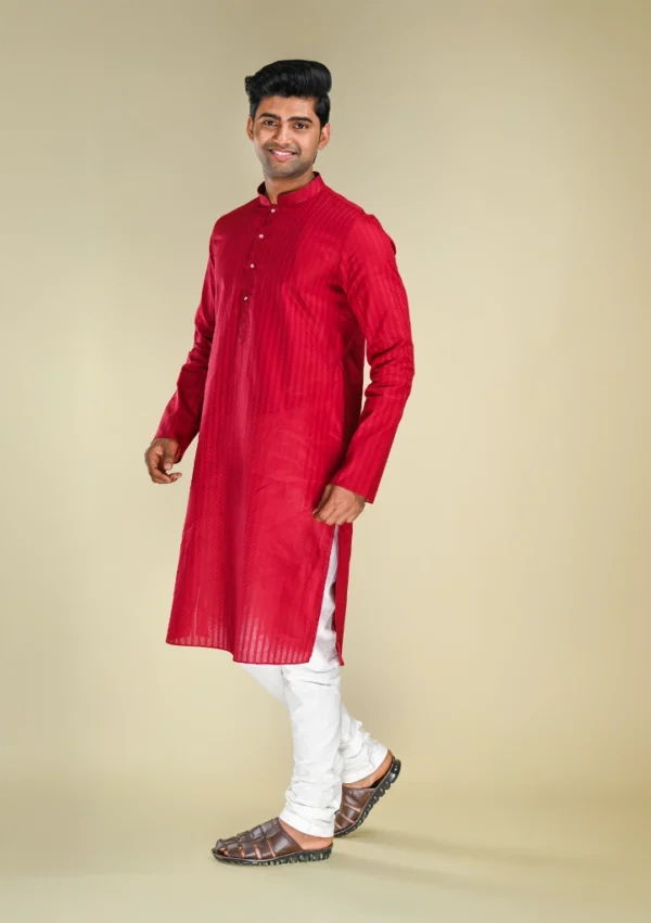 Nawab Parker Men's Striped Maroon Kurta Pajama with Cotton Blend left view