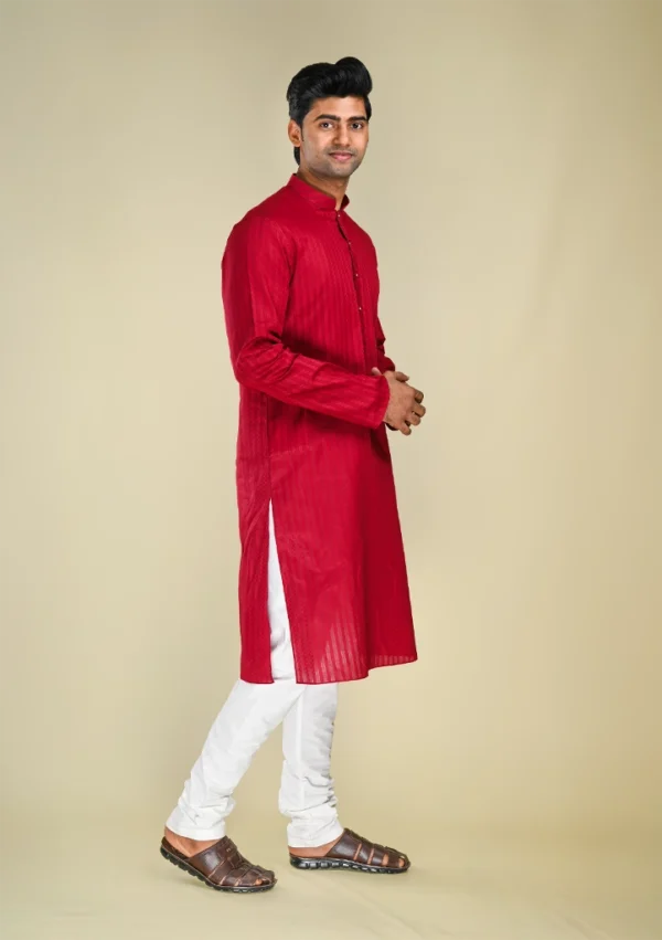 Nawab Parker Men's Striped Maroon Kurta Pajama with Cotton Blend right view