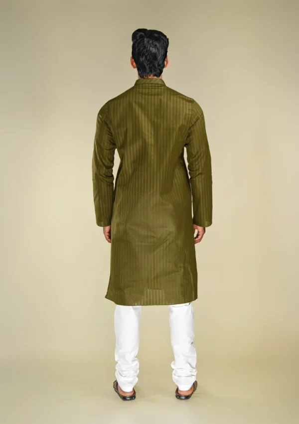 Nawab Parker Men's Striped Textured Mehndi Colour Kurta Pajama Set back view