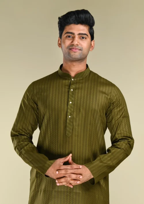 Nawab Parker Men's Striped Textured Mehndi Colour Kurta Pajama Set front kurta view