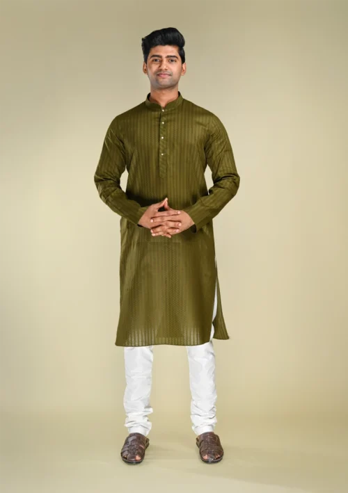 Nawab Parker Men's Striped Textured Mehndi Colour Kurta Pajama Set full front view