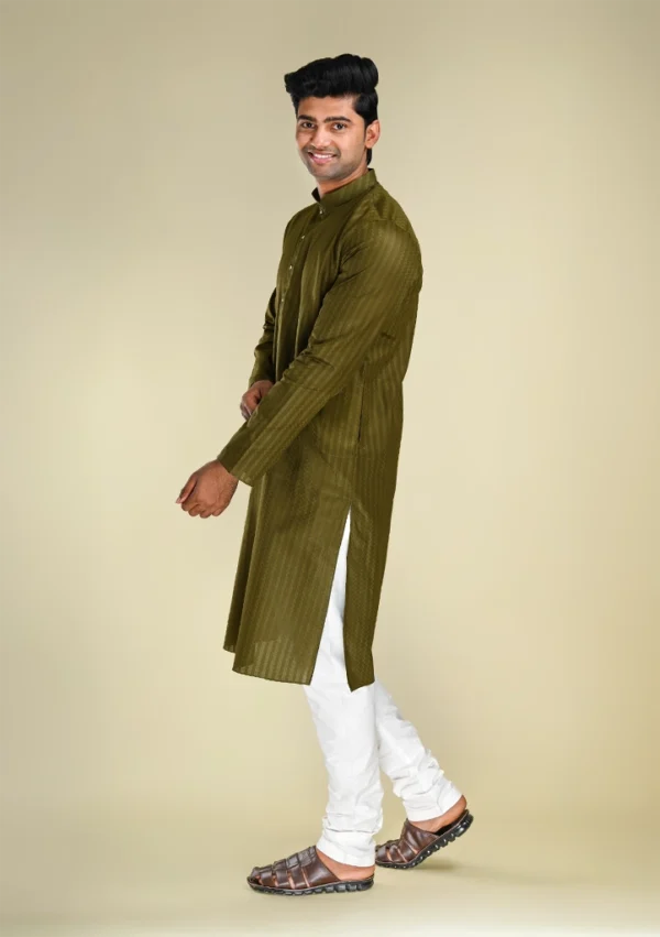 Nawab Parker Men's Striped Textured Mehndi Colour Kurta Pajama Set left view