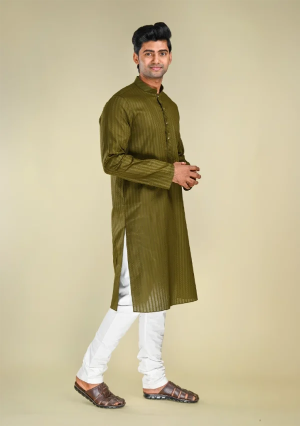 Nawab Parker Men's Striped Textured Mehndi Colour Kurta Pajama Set right view