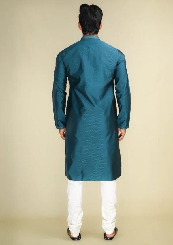 Nawab Parker Men's Stylish Cotton Kurta Pajama with Elegant Peacock Blue Color back view