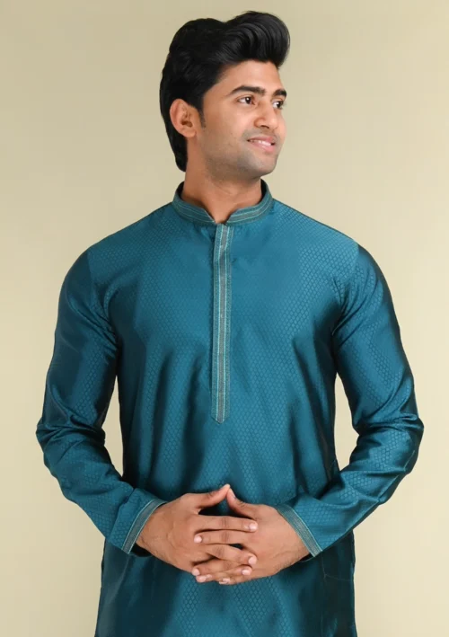 Nawab Parker Men's Stylish Cotton Kurta Pajama with Elegant Peacock Blue Color front kurta view