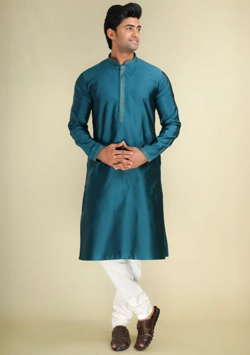 Nawab Parker Men's Stylish Cotton Kurta Pajama with Elegant Peacock Blue Color full front view